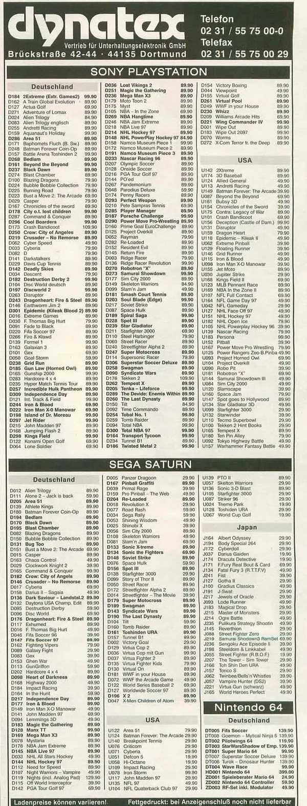 Dynatex-Werbeanzeige, Video Games 03/1997