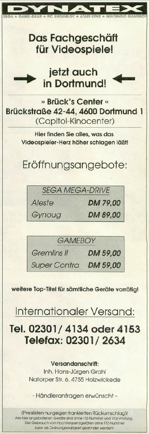 Dynatex-Werbeanzeige, Video Games 01/1991