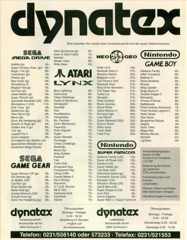 Dynatex-Werbeanzeige, Video Games 06 + 07 + 08/1992