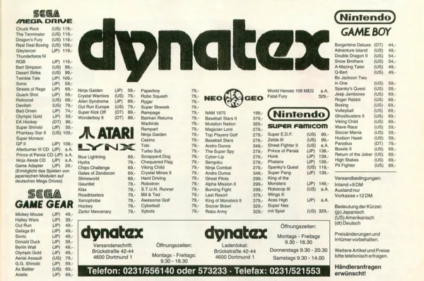 Dynatex-Werbeanzeige, Video Games 10/1992