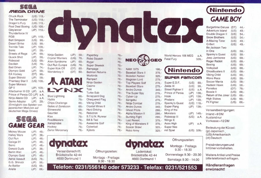 Ausschnitt der Dynatex-Werbeanzeige aus Aktueller Software Markt 11/1992 mit Konsolenangeboten, Adresse und Ladenzeiten