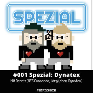 Pixelgrafik zum Dynatex-Podcastspezial mit zwei stilisierten Figuren